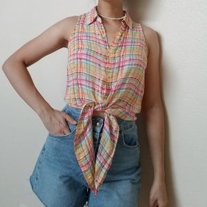 NWOT pastel check printed front tie shirt